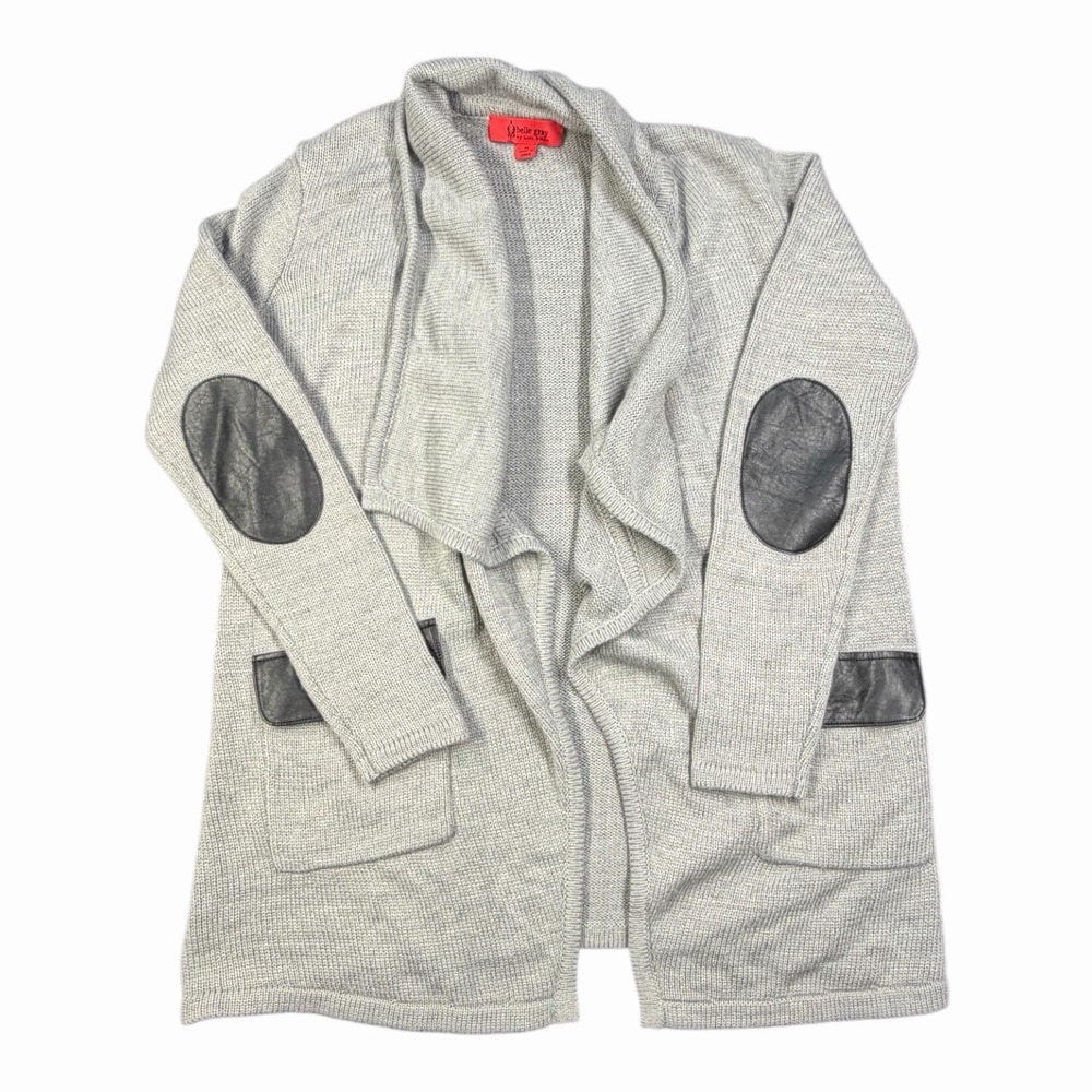 Belle Gray by Lisa Rinna Gray Open Front Cardigan Faux Leather Elbow Patch M